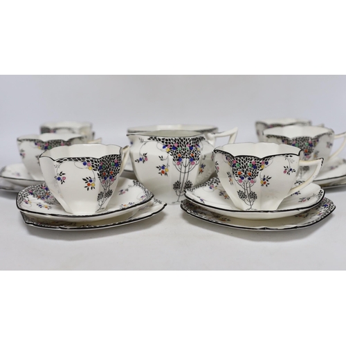 351 - A Shelley Black Leafy part tea set comprising trios, milk jug, bowl and sandwich plate