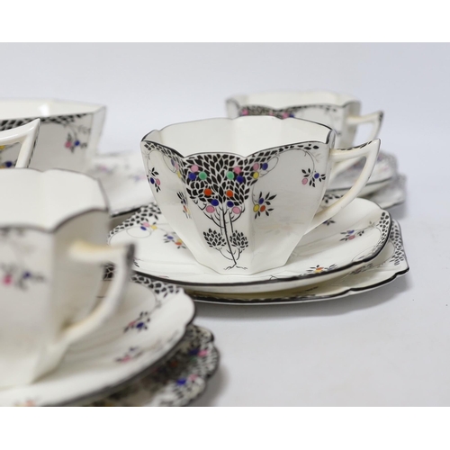 351 - A Shelley Black Leafy part tea set comprising trios, milk jug, bowl and sandwich plate