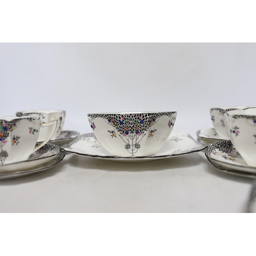 351 - A Shelley Black Leafy part tea set comprising trios, milk jug, bowl and sandwich plate