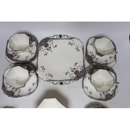 351 - A Shelley Black Leafy part tea set comprising trios, milk jug, bowl and sandwich plate