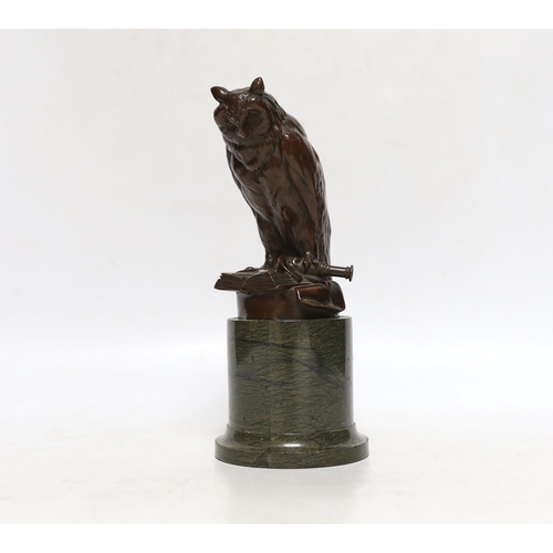 354 - After Gustav Grohe (1829-1906), a bronzed spelter model of a wise owl, on marble plinth, 19cm... 