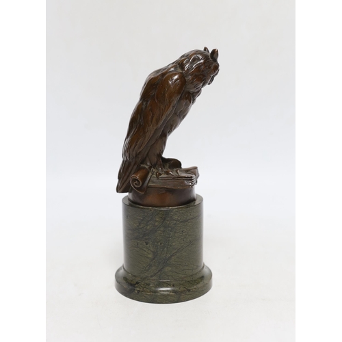 354 - After Gustav Grohe (1829-1906), a bronzed spelter model of a wise owl, on marble plinth, 19cm... 