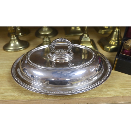 355 - Four pairs of brass candlesticks, silver plated tureen and cover and a leather jewellery box with su... 