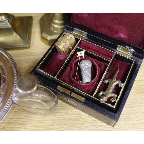 355 - Four pairs of brass candlesticks, silver plated tureen and cover and a leather jewellery box with su... 