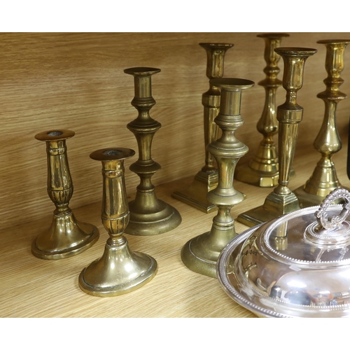 355 - Four pairs of brass candlesticks, silver plated tureen and cover and a leather jewellery box with su... 