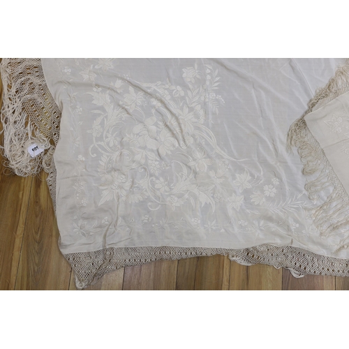 365 - Two silk cream on cream Chinese embroidered shawls