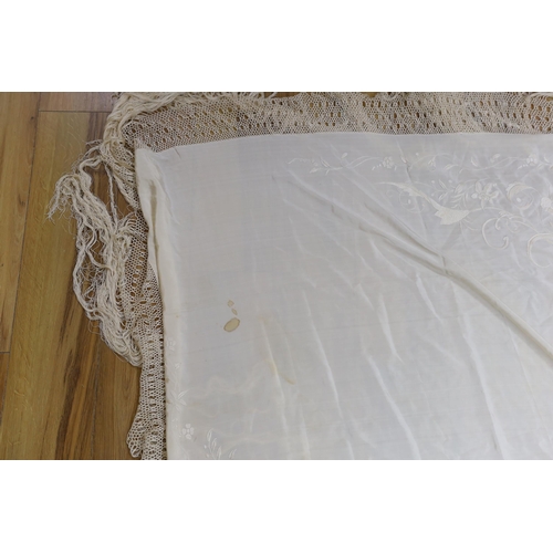 365 - Two silk cream on cream Chinese embroidered shawls