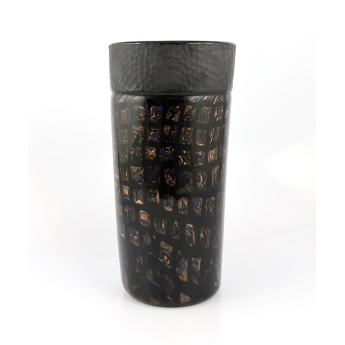 367 - ** ** Vittorio Ferro (1932-2012) A tall Murano glass Murrine vase, with bronze squares on a black gr... 