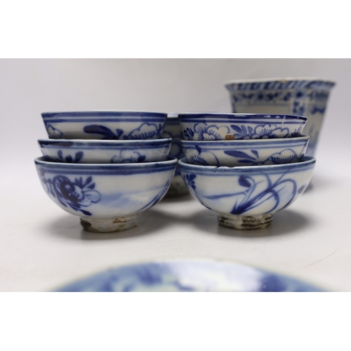 373 - A group of Chinese blue and white bowls a dish and a Delft blue and white vase, largest 19cm in diam... 