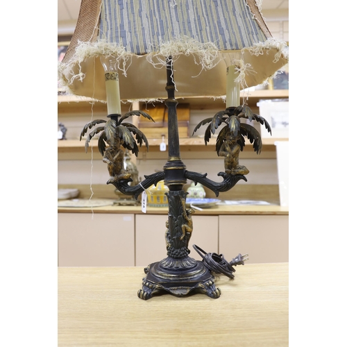 374 - A pair of ornate brass sangerie lamps with shades, 78cm high