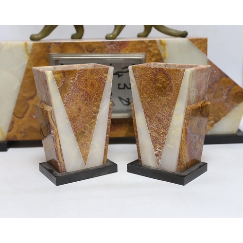 376 - An Art Deco marble clock garniture, 1930s with panther mount