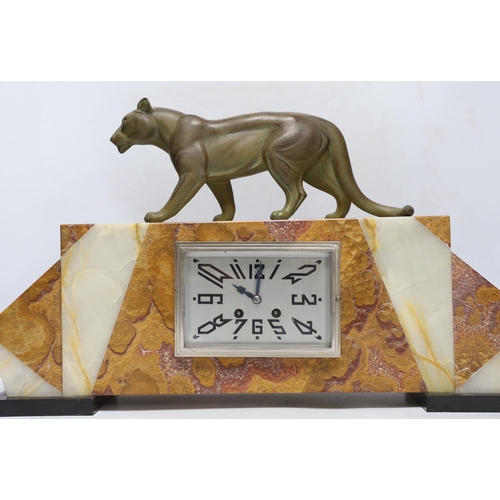 376 - An Art Deco marble clock garniture, 1930s with panther mount