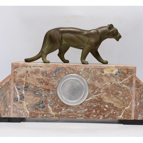 376 - An Art Deco marble clock garniture, 1930s with panther mount