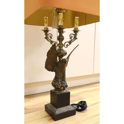 378 - A Loevsky and Loevsky gilt metal eagle table lamp with shade, 98cm total