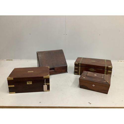 380 - Two 19th century brass mounted writing slopes, a stationery cabinet and a work box