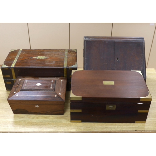 380 - Two 19th century brass mounted writing slopes, a stationery cabinet and a work box