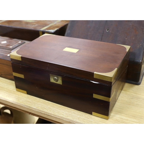 380 - Two 19th century brass mounted writing slopes, a stationery cabinet and a work box