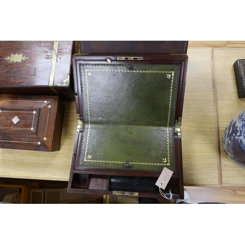 380 - Two 19th century brass mounted writing slopes, a stationery cabinet and a work box