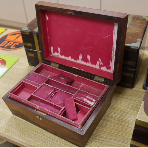 380 - Two 19th century brass mounted writing slopes, a stationery cabinet and a work box