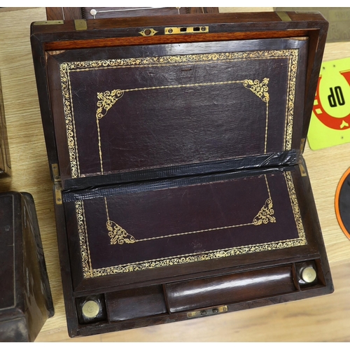 380 - Two 19th century brass mounted writing slopes, a stationery cabinet and a work box