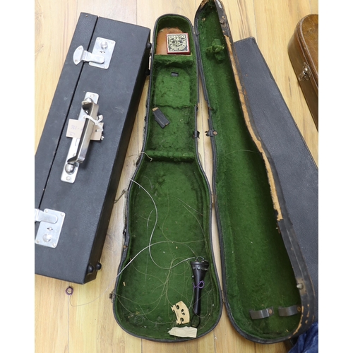 383 - One violin, three violin cases and a cased set of bagpipes