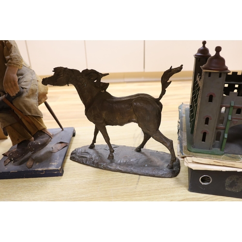 385 - A Cobbler model, toy fort, resin horse etc.