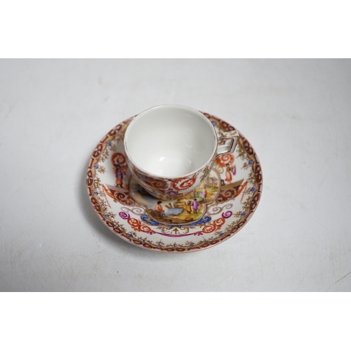 395 - A miniature Dresden teacup and saucer in Meissen-style, cup 4.5cm