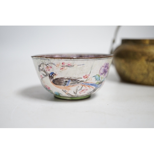 406 - A Chinese bronze hand warmer, 11.3cm and an 18th century Chinese Canton enamel cup, cup 7cm diameter... 