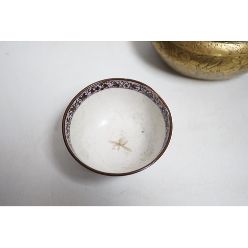 406 - A Chinese bronze hand warmer, 11.3cm and an 18th century Chinese Canton enamel cup, cup 7cm diameter... 