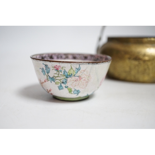 406 - A Chinese bronze hand warmer, 11.3cm and an 18th century Chinese Canton enamel cup, cup 7cm diameter... 