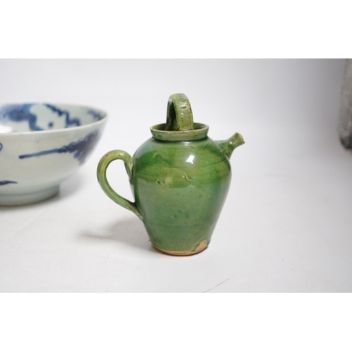 407 - A Chinese blue and white dragon bowl and a green glazed water pot, bowl 17.5cm diameter