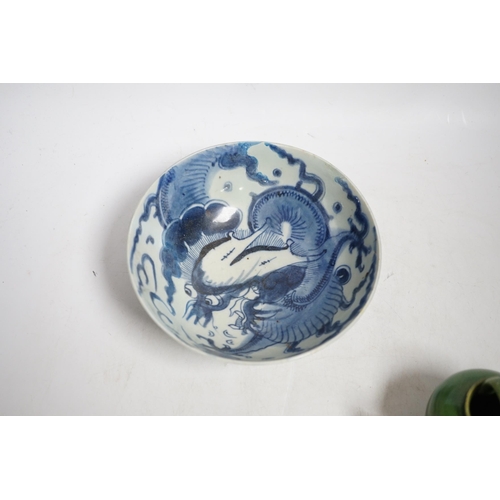 407 - A Chinese blue and white dragon bowl and a green glazed water pot, bowl 17.5cm diameter