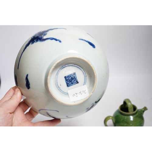 407 - A Chinese blue and white dragon bowl and a green glazed water pot, bowl 17.5cm diameter