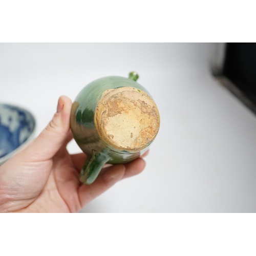 407 - A Chinese blue and white dragon bowl and a green glazed water pot, bowl 17.5cm diameter