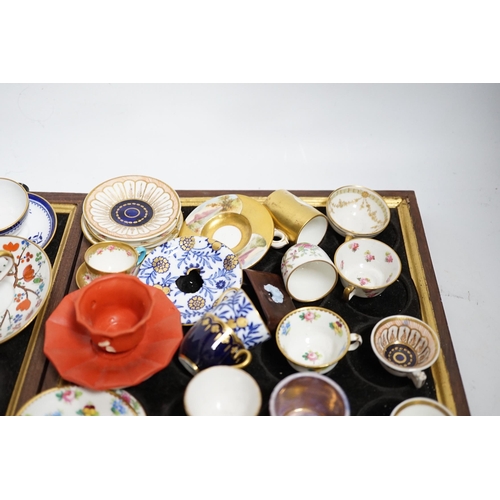 408 - Collection of miniature porcelain cups and saucers including Spode, Royal Crown Derby and Coalport... 