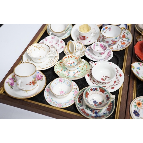 408 - Collection of miniature porcelain cups and saucers including Spode, Royal Crown Derby and Coalport... 