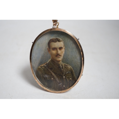 417 - Miniature watercolour portrait on ivory of RFC officer Tom Abbot wearing military dress, with photog... 