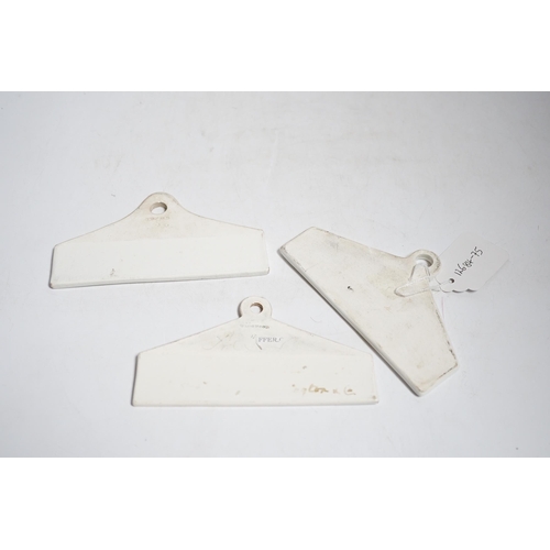 421 - Three late 18th century creamware cellar labels, two claret stamped Wedgwood and one sherry, unmarke... 