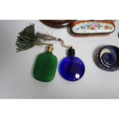 424 - A collection of scent bottles, a miniature antiquity vessel and a miniature of a lady