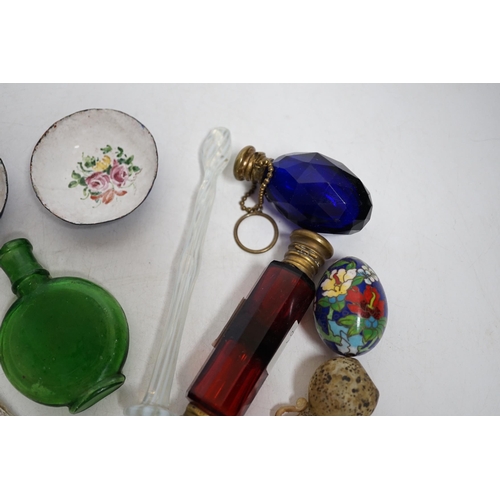 424 - A collection of scent bottles, a miniature antiquity vessel and a miniature of a lady