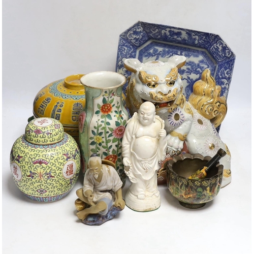 443 - A collection of mostly Chinese ceramics, to include a vase, a lion dog, etc. blue and white dish 26c... 