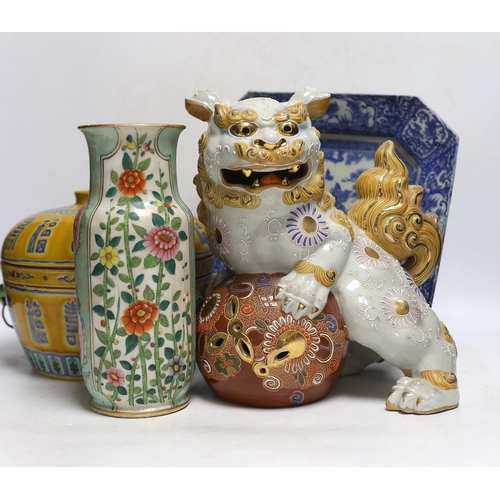 443 - A collection of mostly Chinese ceramics, to include a vase, a lion dog, etc. blue and white dish 26c... 