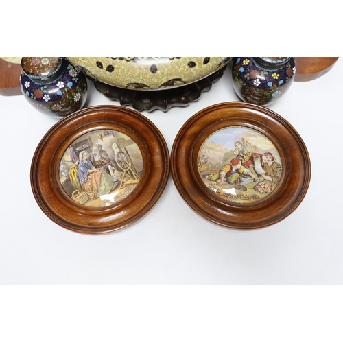 460 - A Chinese cloisonné enamel bowl on a wooden stand, a pair of cloisonné jars with covers, and four 19... 