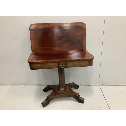 69 - An early Victorian banded mahogany folding tea table, width 92cm, depth 45cm, height 78cm