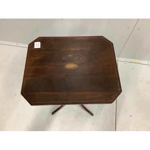 76 - A Regency style inlaid rosewood and beech tripod side table, width 46cm, depth 39cm, height 75cm... 