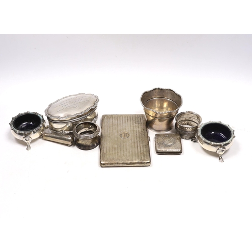 834 - Sundry small silver including an Asprey silver cigarette case, 12.7cm, napkin ring, trinket box, pai... 