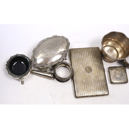 834 - Sundry small silver including an Asprey silver cigarette case, 12.7cm, napkin ring, trinket box, pai... 