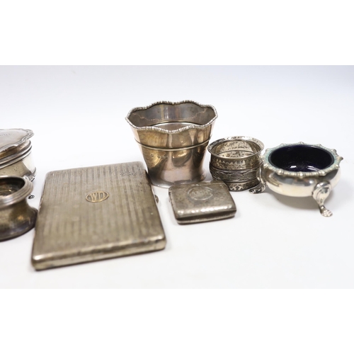 834 - Sundry small silver including an Asprey silver cigarette case, 12.7cm, napkin ring, trinket box, pai... 