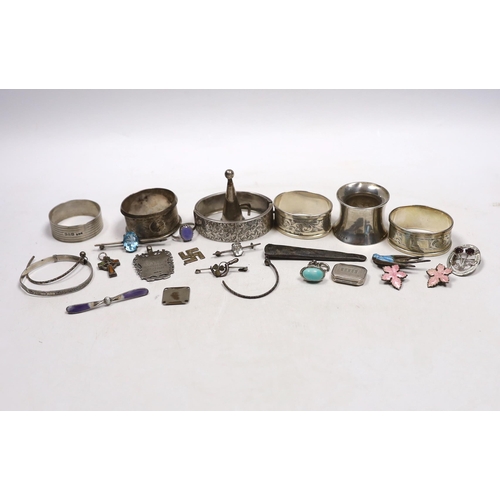 839 - Small silver and other items including napkin rings, bracelets, 19th century vinaigrette, medals, et... 