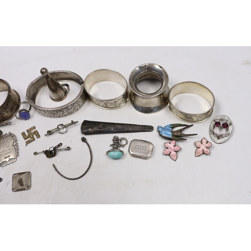 839 - Small silver and other items including napkin rings, bracelets, 19th century vinaigrette, medals, et... 